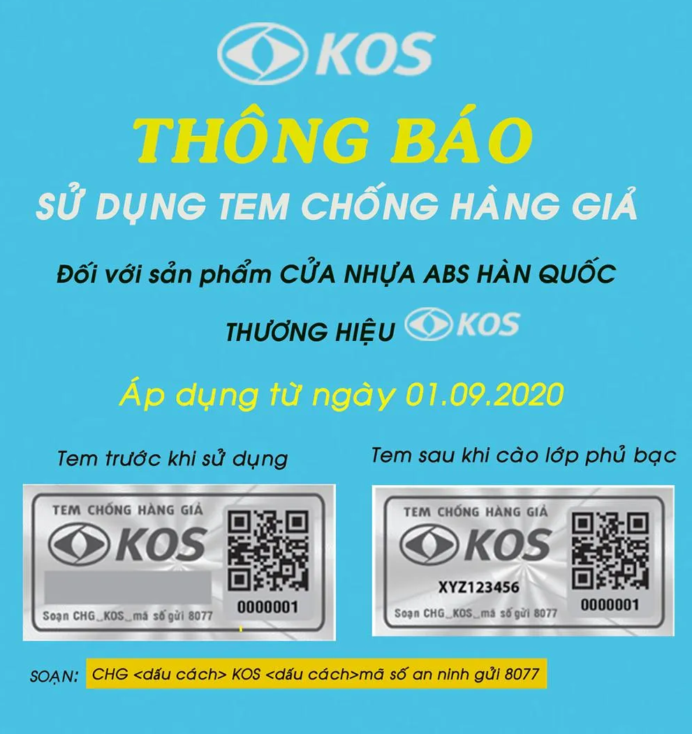 Tem chống giả của cửa Nhựa ABS Hàn Quốc thương hiệu KOS